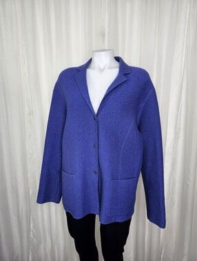 Eileen Fisher Wool Cobalt Blue Button Front Jacket Preppy Cottagecore Small